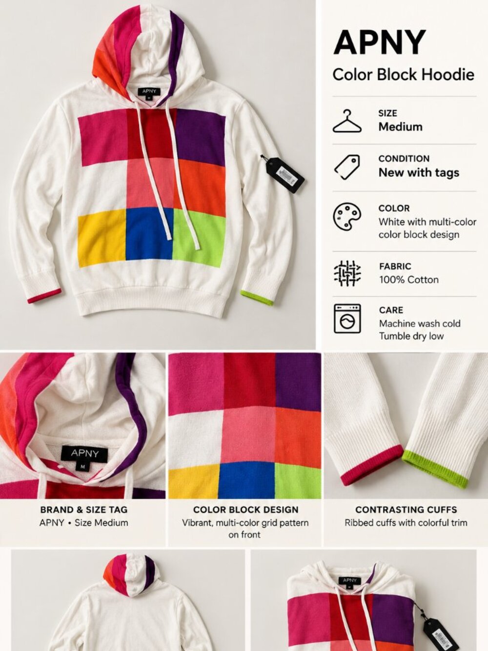 Womens APNY Apparel Color Block Knit Sweater Hoodie 100% Cotton NWT Medium